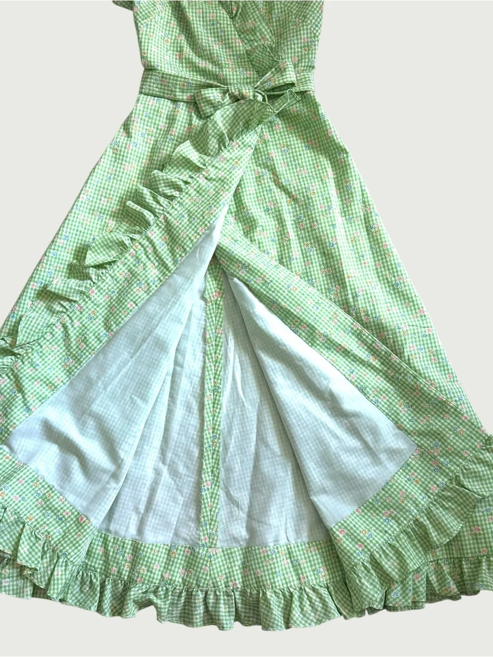 vintage 70s handmade flocked gingham wrap sun dress size XS